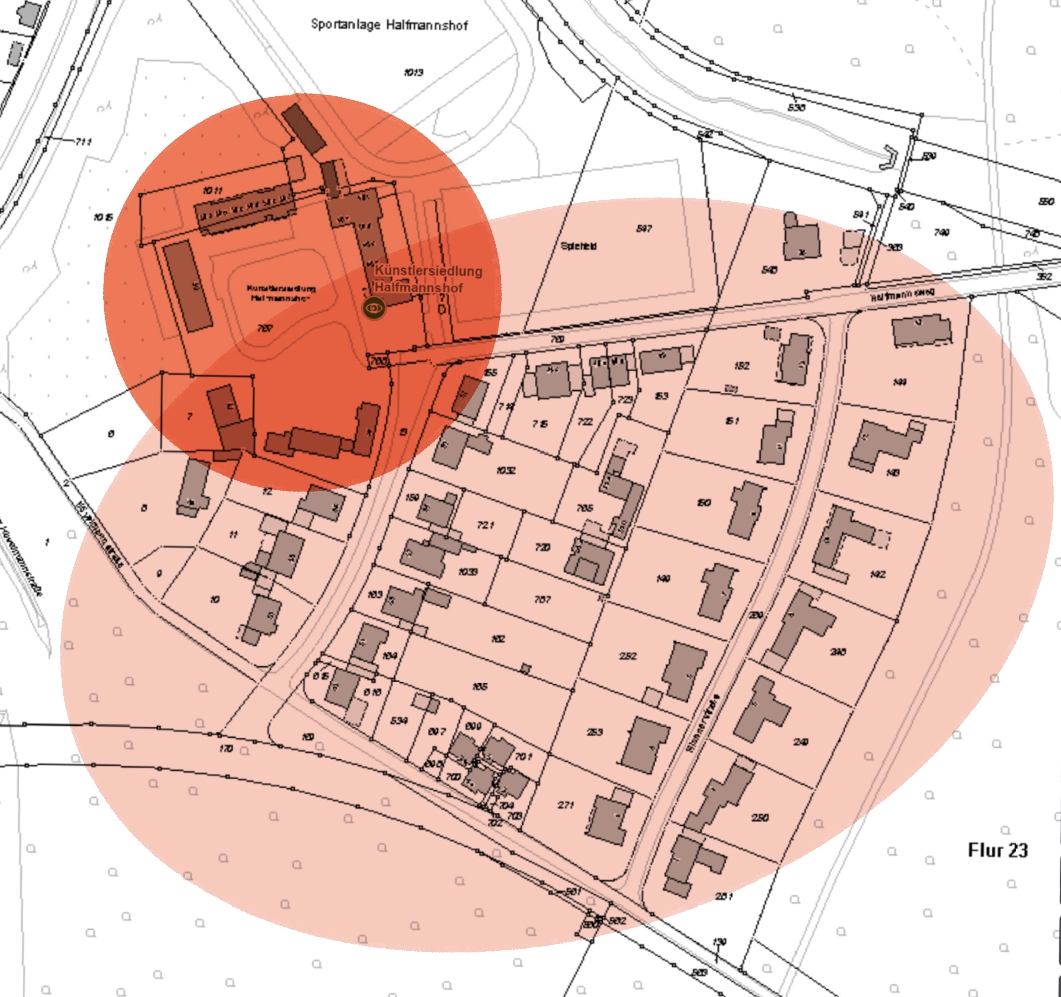 Ausschnitt der Flurkarte von Gelsenkirchen Ückendorf. Der Halfmannshof ist in Orange Markiert