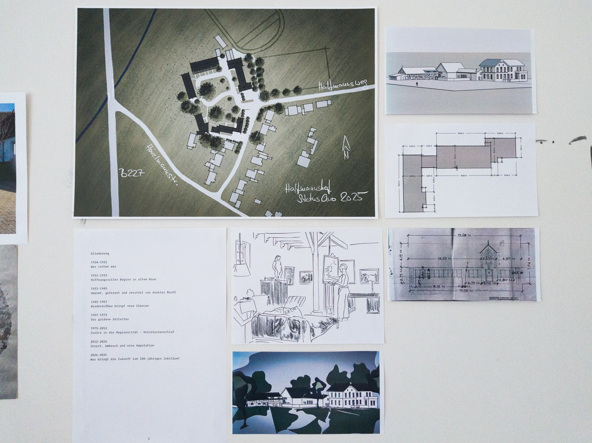 Sketches and drawings on a wall