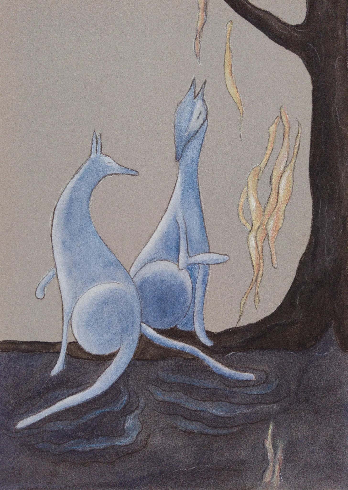 Zwei bleue fuchsartige Wesen sitzen neben einem Baumstamm an einem Teich, aus dem Flammen schlagen. Der Hintergrund ist beige.