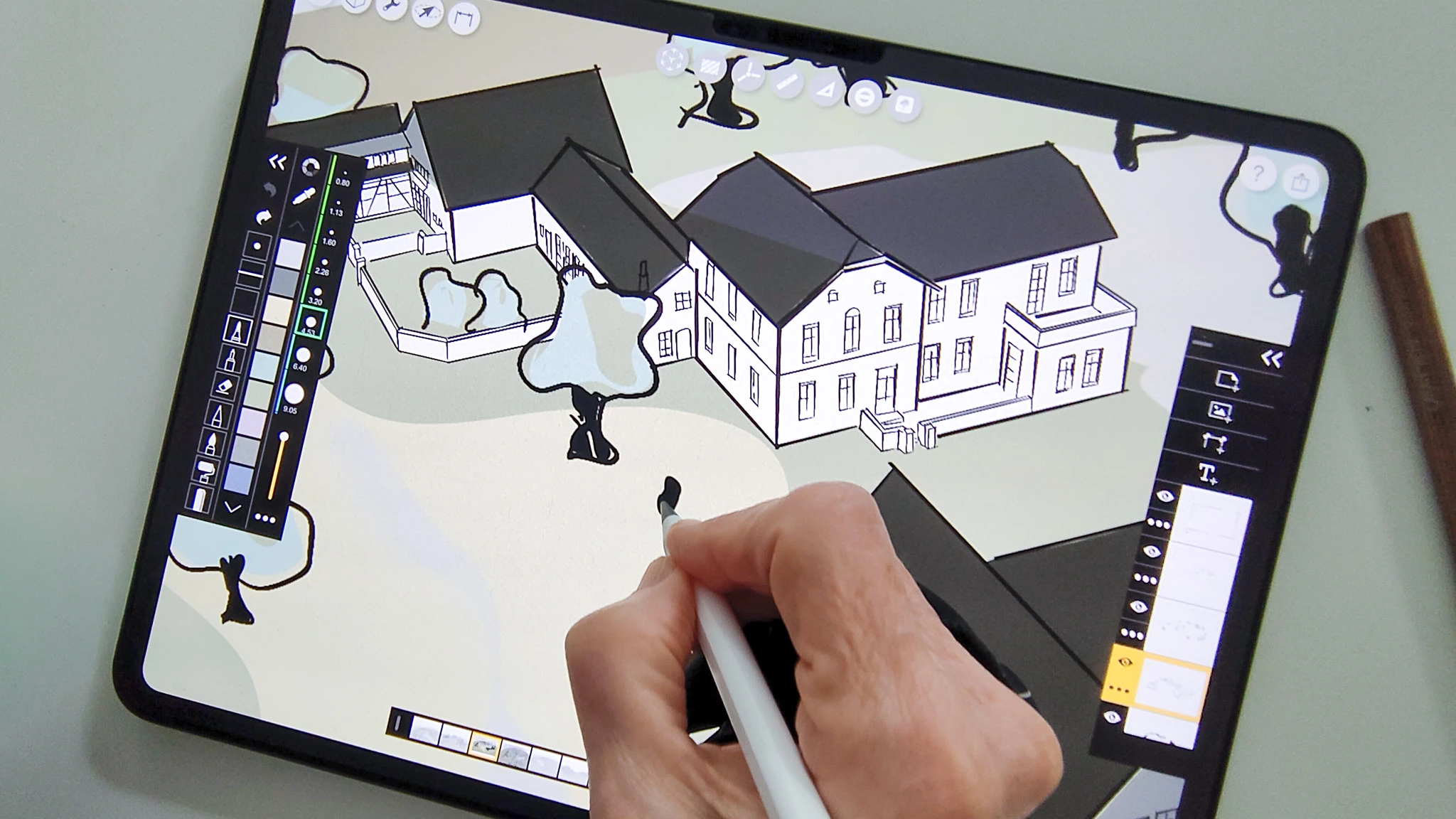 Bildschirm des iPads mit einer 3D Konstruktion der Gebäude